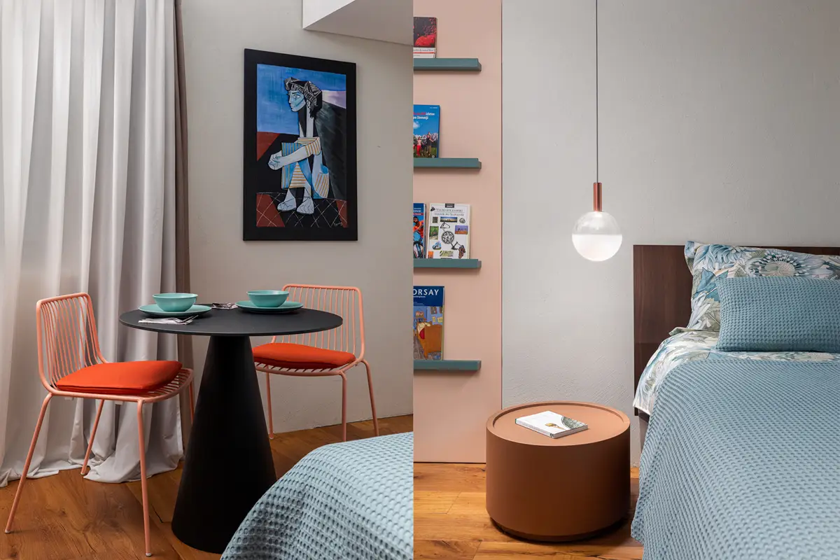 Kolaž dveh fotografij stilsko opremljenega apartmaja z dizajnerskim pohištvom in umetniškimi detajli, ki pritegne goste, ki iščejo edinstveno bivalno izkušnjo.